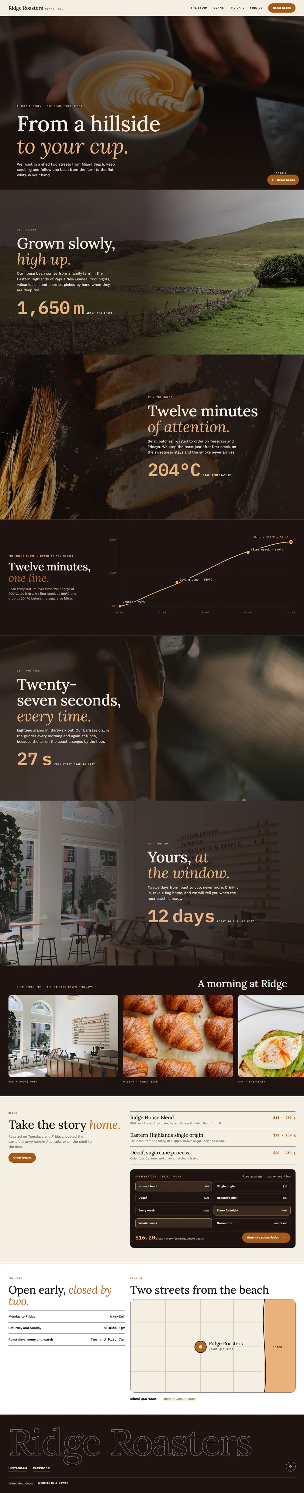 Ridge Roasters, desktop view of the Scroll story example